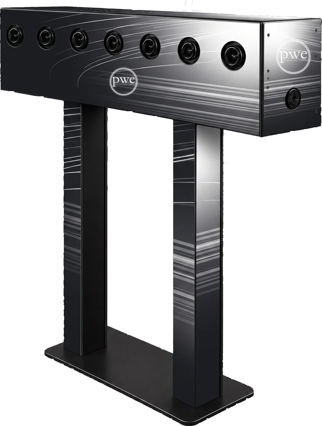 Array multi-camera gantry with seven camera lenses across the top beam, shown in a Paulette Wolf Events  custom wrap