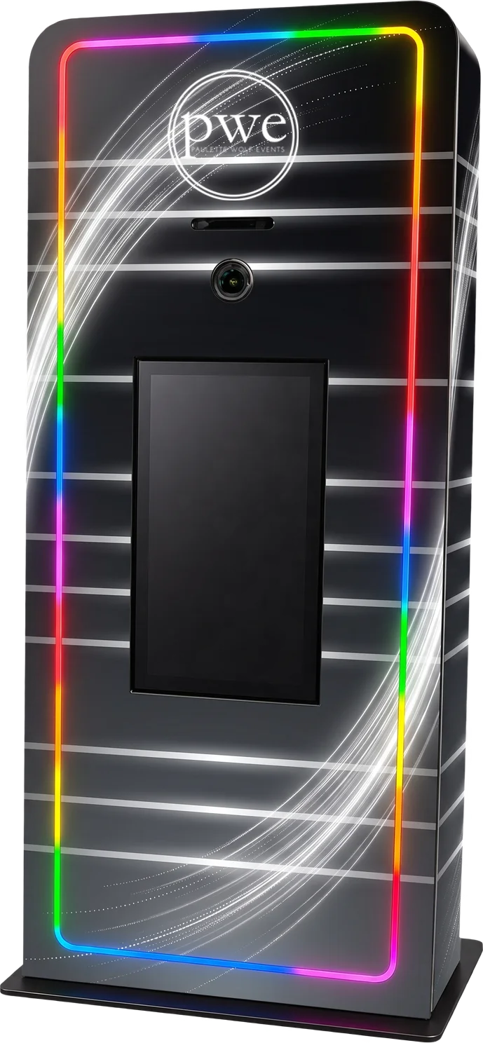 Elevated Kiosk with LED edge lighting, large touch screen, and integrated printer, shown in a Paulette Wolf Events  custom wrap