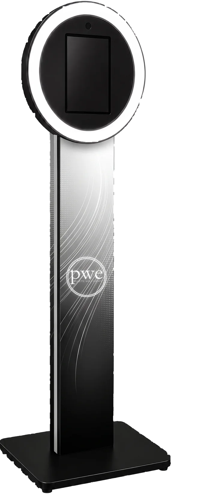 Selfie Station kiosk with halo ring light, shown in a Paulette Wolf Events  custom wrap