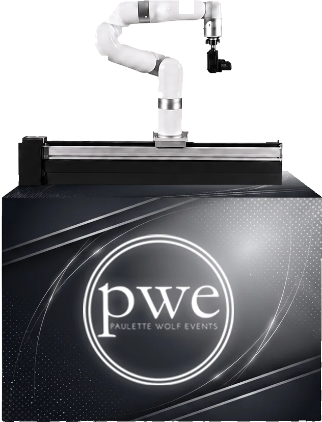 Robotic camera arm mounted on a rail atop a branded base cabinet, shown in a Paulette Wolf Events  custom wrap